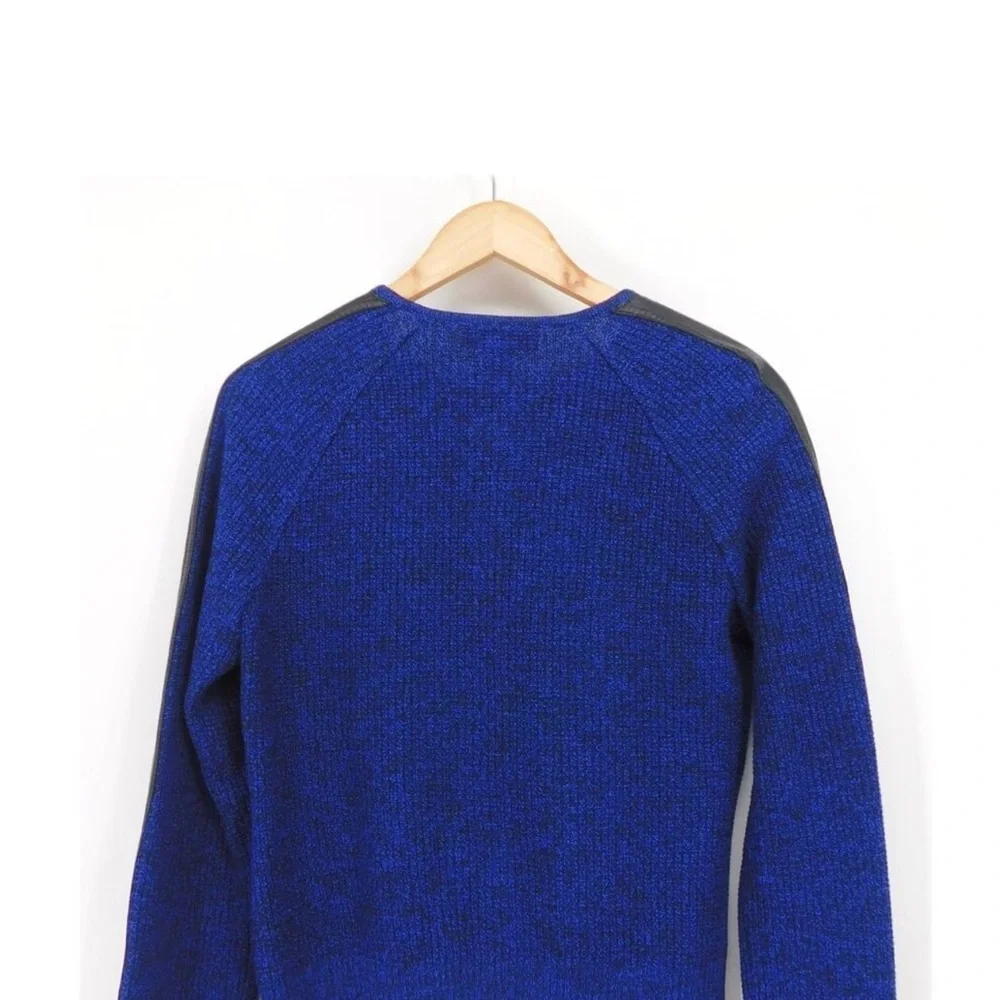 EUC St. John Blue and Black Leather Trim Full Zip Cardigan Sweater Sz Medium